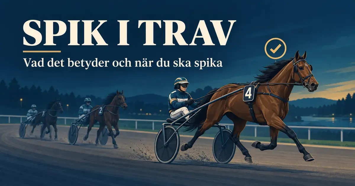 Illustration av tre travhästar med kuskar i sulky, där häst nummer fyra markeras med en gul bock som spik under rubriken ”Spik i trav – vad det betyder och när du ska spika”.