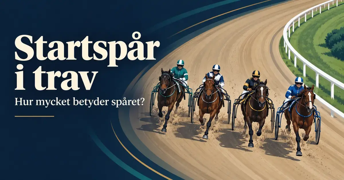 Fyra travhästar med kuskar i sulky sida vid sida på en travbana, intill texten ”Startspår i trav – Hur mycket betyder spåret?”.