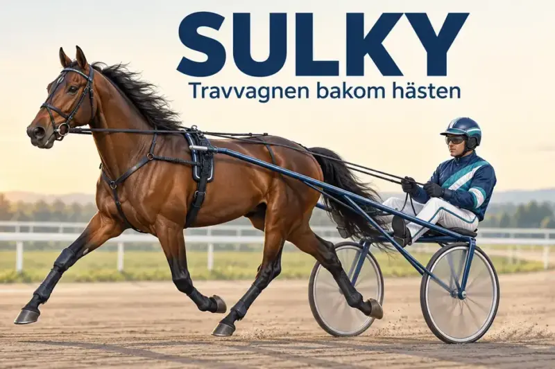 En brun travhäst drar en tvåhjulig sulky med en hjälmklädd kusk på en travbana under texten ”Sulky – Travvagnen bakom hästen”.