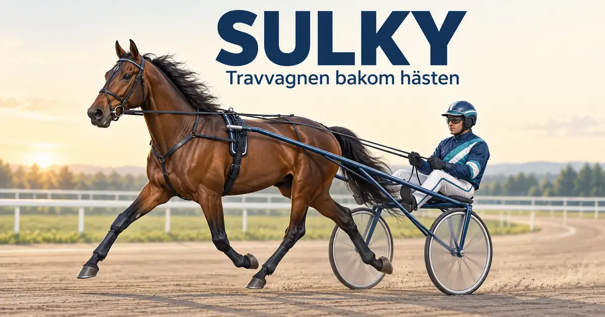 En brun travhäst drar en tvåhjulig sulky med en hjälmklädd kusk på en travbana under texten ”Sulky – Travvagnen bakom hästen”.