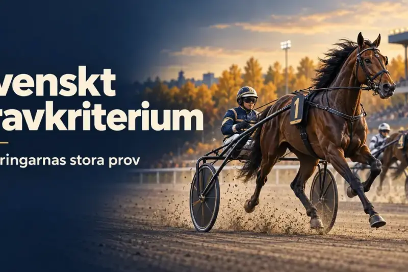 Illustration av två travhästar med kuskar i sulky på en höstlig travbana med texten ”Svenskt Travkriterium – Treåringarnas stora prov”.