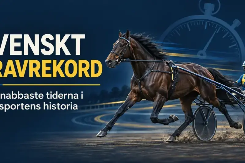 Illustration av en travhäst med sulky och kusk framför ett stoppur, med texten ”Svenskt travrekord – De snabbaste tiderna i travsportens historia”.