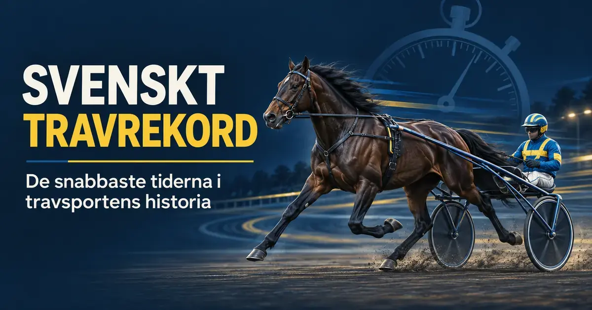 Illustration av en travhäst med sulky och kusk framför ett stoppur, med texten ”Svenskt travrekord – De snabbaste tiderna i travsportens historia”.