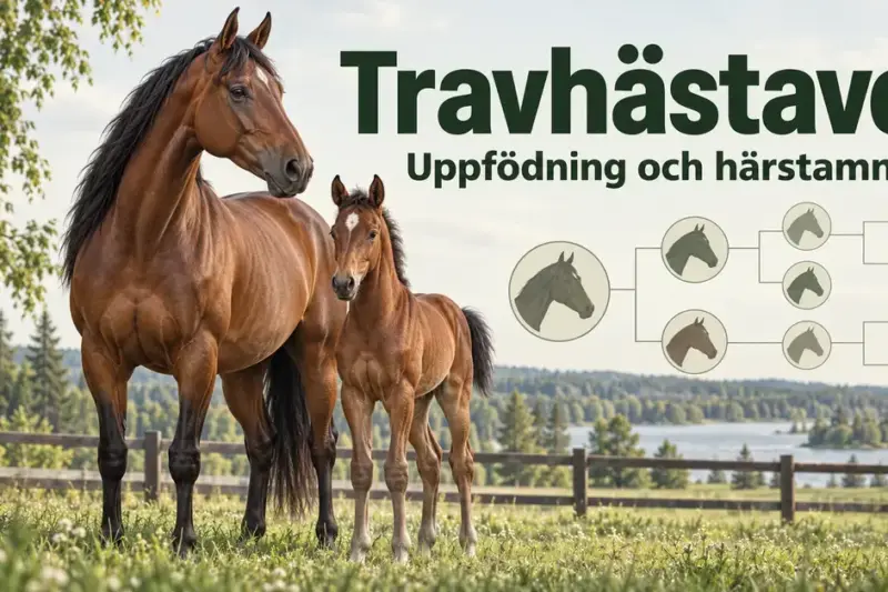 Ett brunt travsto med sitt föl i en grön hage bredvid ett stiliserat härstamningsträd och texten ”Travhästavel – Uppfödning och härstamning”.