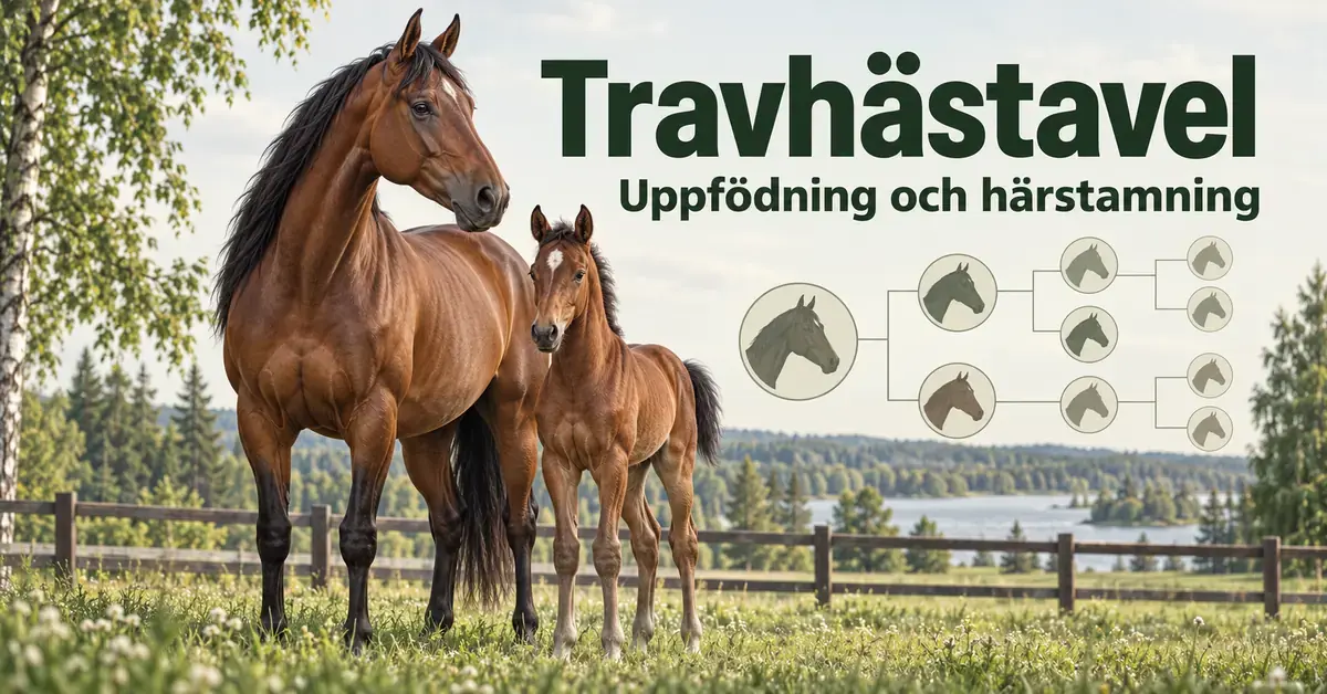 Ett brunt travsto med sitt föl i en grön hage bredvid ett stiliserat härstamningsträd och texten ”Travhästavel – Uppfödning och härstamning”.