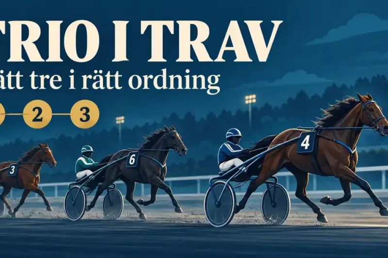 Tre travhästar med sulky närmar sig mållinjen under texten ”Trio i trav – Rätt tre i rätt ordning” och siffrorna 1, 2 och 3.