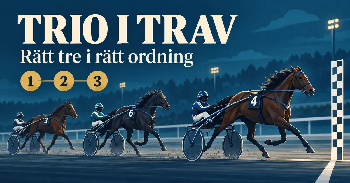 Tre travhästar med sulky närmar sig mållinjen under texten ”Trio i trav – Rätt tre i rätt ordning” och siffrorna 1, 2 och 3.