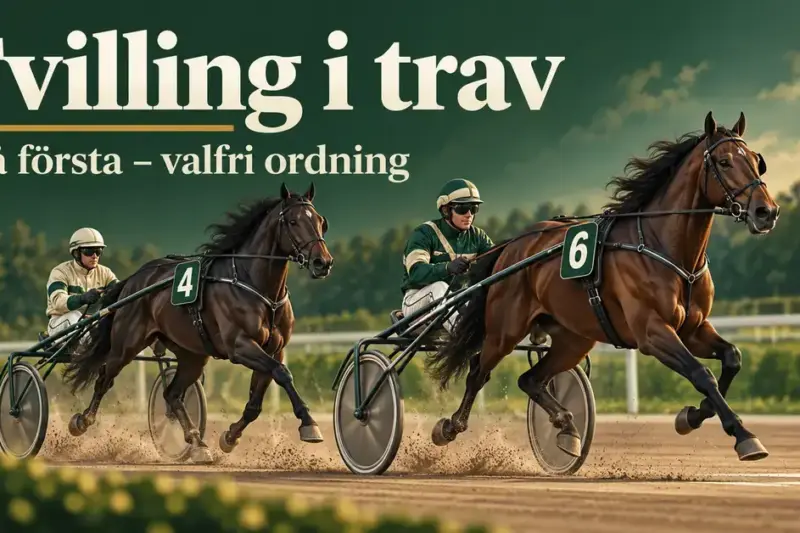 Två travhästar med kuskar i sulky närmar sig mållinjen under texten ”Tvilling i trav – Två första – valfri ordning”.