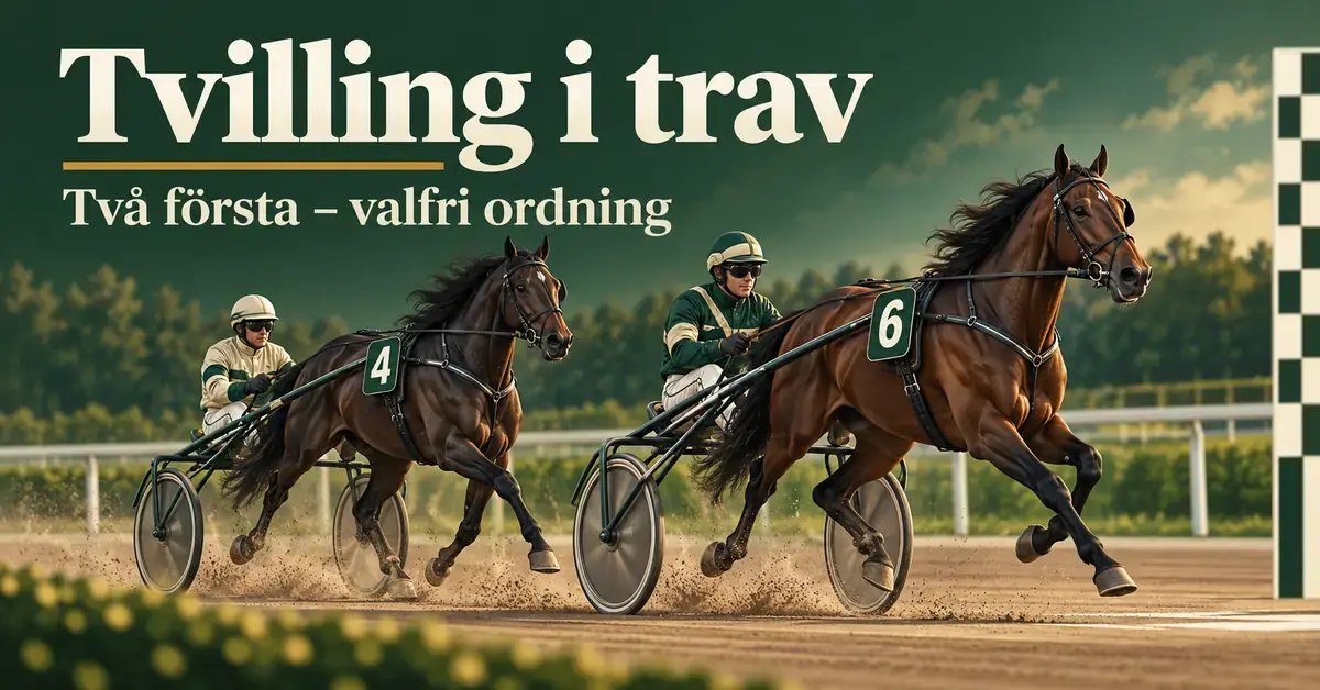 Två travhästar med kuskar i sulky närmar sig mållinjen under texten ”Tvilling i trav – Två första – valfri ordning”.
