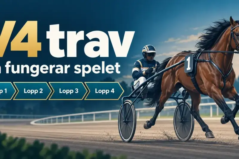 Illustration av en travhäst med sulky och kusk intill texten ”V4 trav – Så fungerar spelet” och fyra rutor märkta Lopp 1 till Lopp 4.
