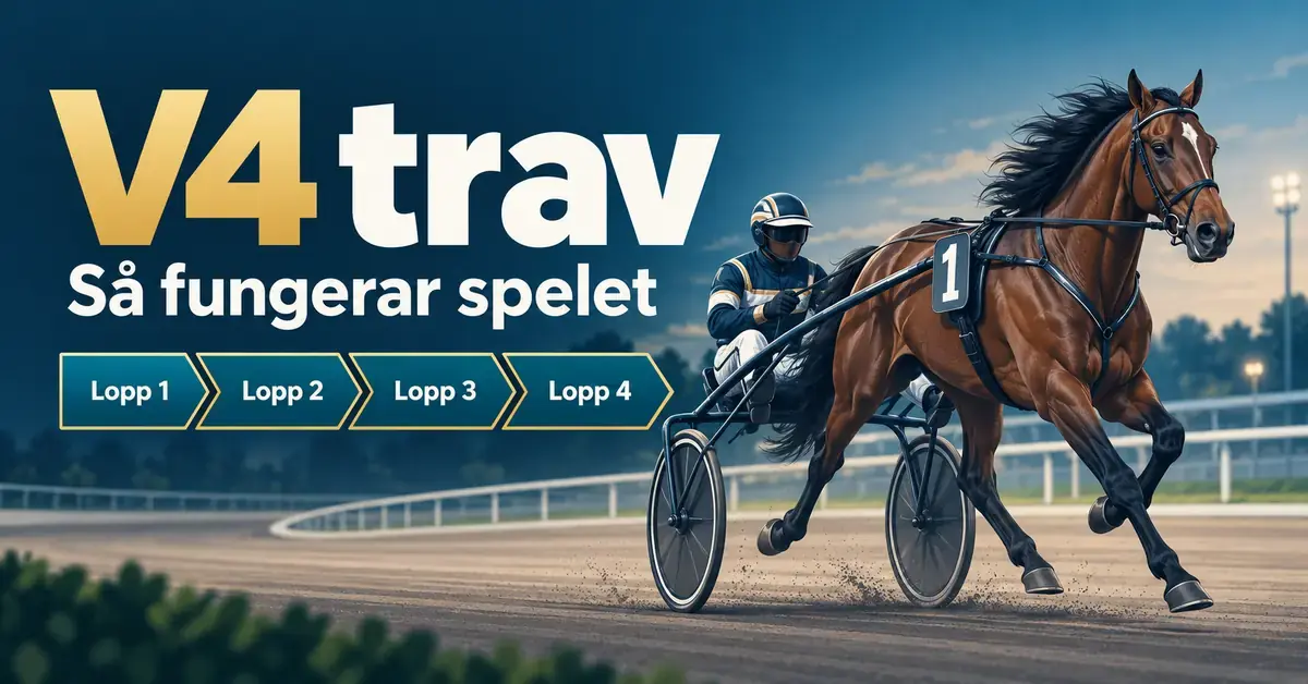 Illustration av en travhäst med sulky och kusk intill texten ”V4 trav – Så fungerar spelet” och fyra rutor märkta Lopp 1 till Lopp 4.
