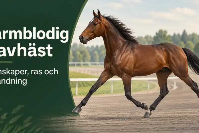 En brun varmblodig travhäst travar på en bana bredvid texten ”Varmblodig travhäst – Egenskaper, ras och användning”.
