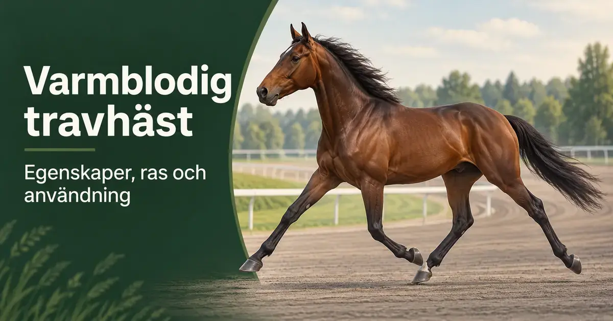 En brun varmblodig travhäst travar på en bana bredvid texten ”Varmblodig travhäst – Egenskaper, ras och användning”.