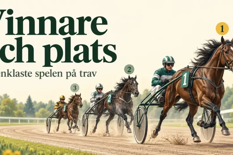 Tre travhästar med kuskar i sulky på en travbana, markerade med placeringarna ett, två och tre, under rubriken ”Vinnare och plats – de enklaste spelen på trav”.